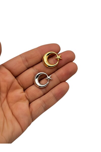 modamira Altın Rengi ve Gümüş Rengi Ay Yıldız Yaka Rozeti İkili Takım