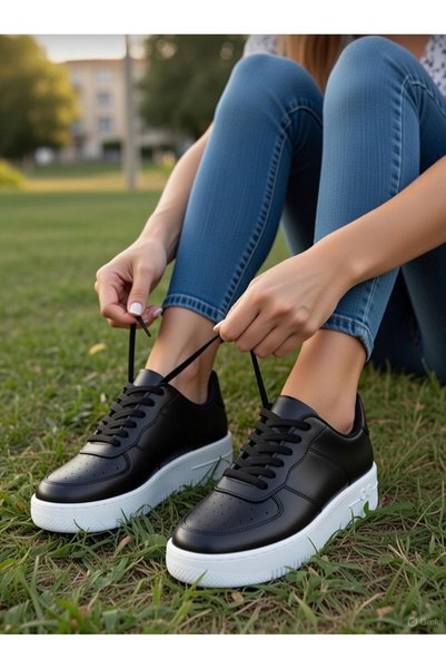 VELLINA Women's Black and White Casual Thick Sole Sneakers Lace-Up White Comfortable Model Walking Shoes