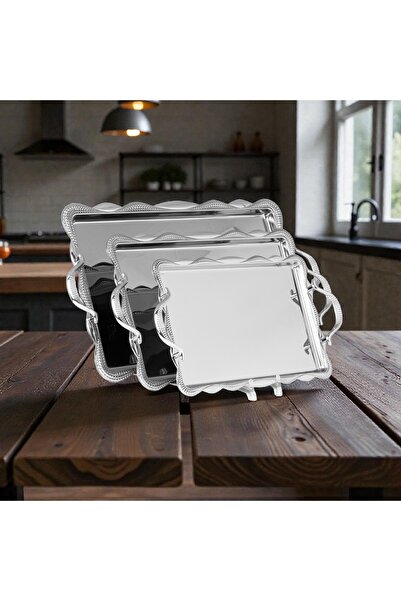 AR HOME 3 PCS STEEL TRAY SET-RECTANGULAR-SILVER