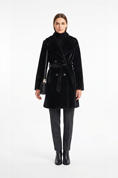 Soydan Güner Kadın Tay Tüyü Kısa Kruvaze Kaban Siyah 1481