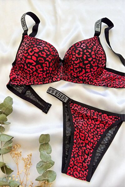 FEMME Işıltılı Şıklık: Kırmızı Leopar Desenli Taşlı Askılı Push-Up Sütyen ve ...