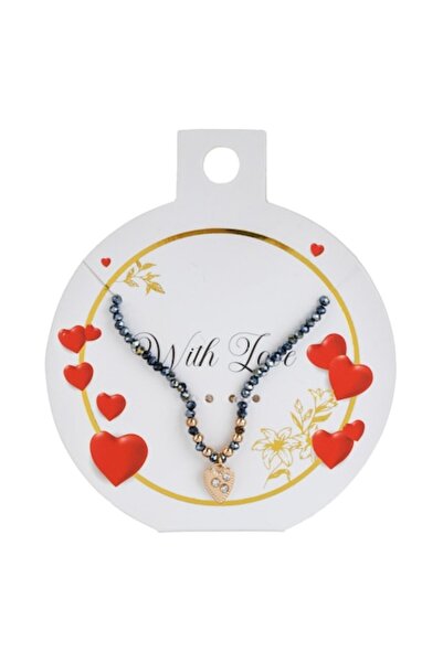 OEM Iridescent Black Bead Heart Necklace with Golden Strass for Women