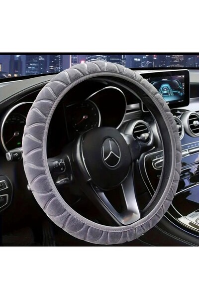 Clear Pink Gri Peluş Direksiyon Kılıfı Kaymaz Sıcak Tutar