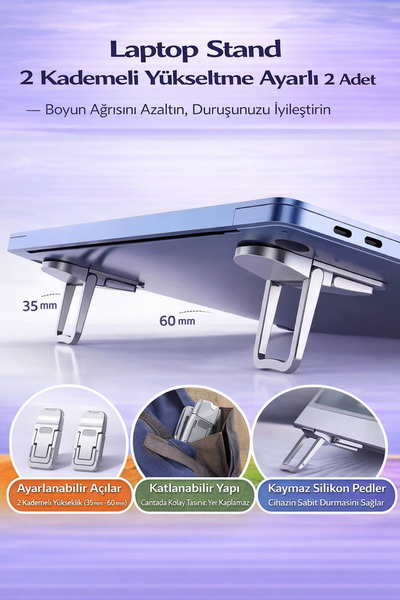 Hane Dostu 2 Adet Çift Kademeli Ayarlanabilir Laptop Standı – Katlanabilir, E...