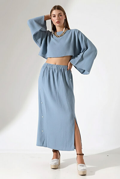 İntive Lingerie 100% Cotton Muslin Bohemian Suit – Boat Neck Crop Top & Butto...