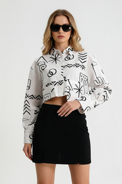 İntive Lingerie Geometric Printed Pocket Detailed Asymmetric Shirt Double Sli...