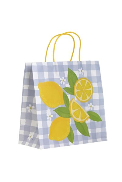 OEM White Kraft Gift Bag with Blue Checkered Pattern and Lemons