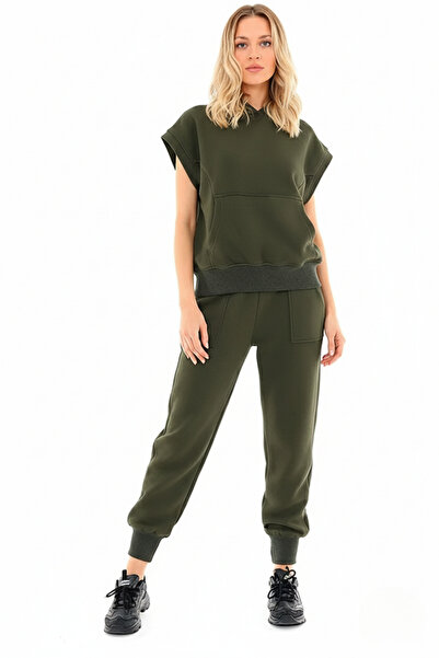 İntive Lingerie Hooded Pocket Short Sleeve Sweat Pocket Waist Drawstring Trou...