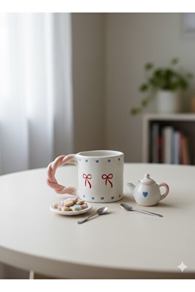 PALTO TASARIM Ribbon Design Knitted Handle Mug - Gift Ceramic Mug