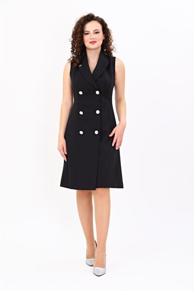 ÖNDER ÖZSOY Ceket Yaka Sıfır Kol Kruvaze Kadın Elbise-Siyah