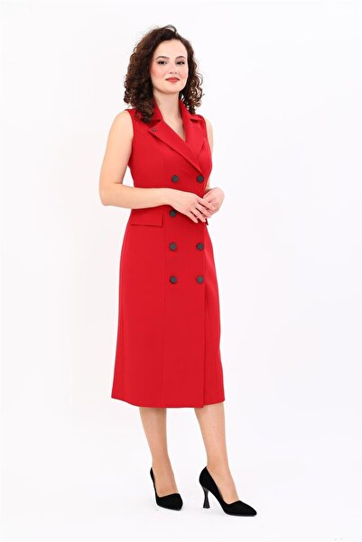 ÖNDER ÖZSOY Jacket Collar Double-Breasted Long Women's Dress-Red
