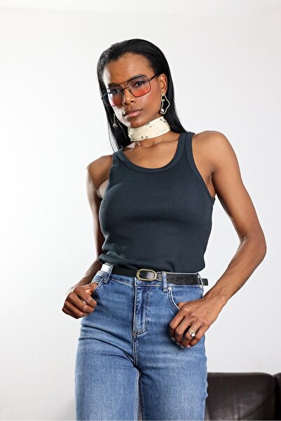 5in1Canpolat Anthracite Corded Fabric Halter Neck Tank Top