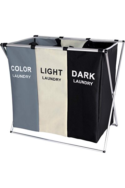 BLOOMING TIME سلة فرز الغسيل قابلة للطي بثلاثة أقسام مع إطار من الألومنيوم