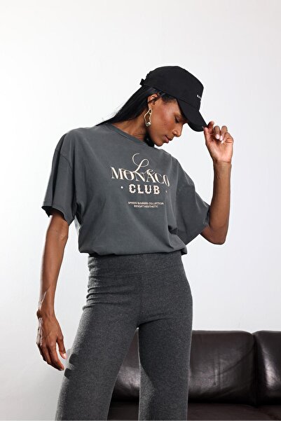 5in1Canpolat تي شيرت أنثراسايت موناكو مطبوع قابل للغسل