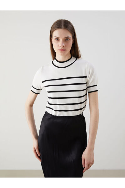 LC Waikiki Gestreifter Damen-Strickpullover mit Stehkragen