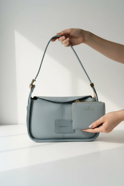 Chrisbella Blue Gray Luxury Shoulder Bag with Adjustable Sling & Matching Wallet