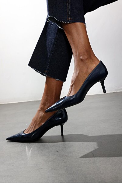 5in1Canpolat Navy Blue Patent Leather Classic Stiletto 25445