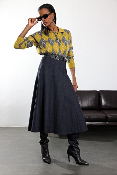 5in1Canpolat Navy Blue Belted Striped Midi Skirt