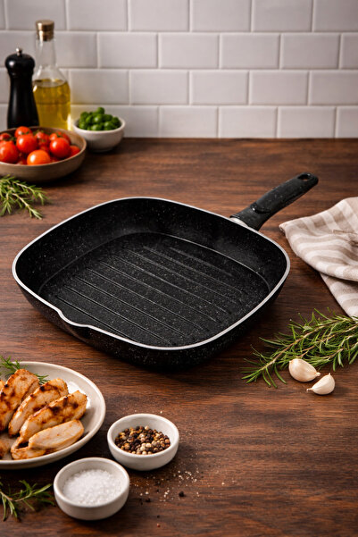 Rivorn 28 cm Granit Kare Tava-Siyah – Yapışmaz Döküm Tava Yanmaz Tava