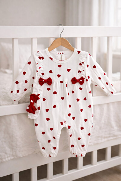 BYMURAT BABY Kırmızı Kalpli Fiyonklu Kız Bebek Tulum – %100 Pamuk, Uzun Kollu