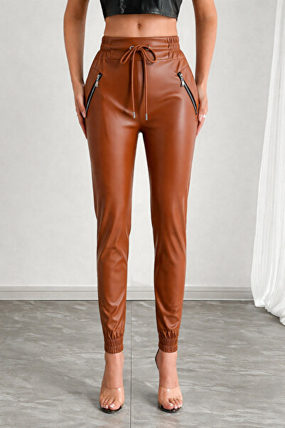 mass fashion Women's Zipper Detailed Leather Trousers