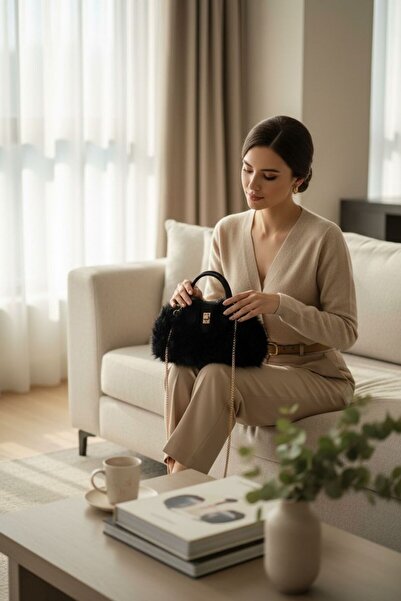 emelimin Women's Black Plush Chain Crossbody Shoulder and Hand Bag