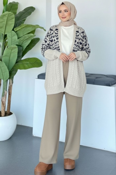 Tesettür Diyarı Patterned hair braid long cardigan - beige standard (fits siz...