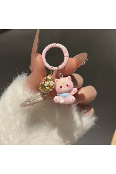 Choice سلسلة مفاتيح على شكل قطة وردية لطيفة مع جرس، قلادة قطة صغيرة من الراتن...