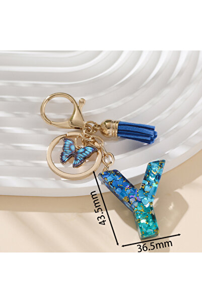Choice سلسلة مفاتيح حرف Y مصنوعة من سبيكة معدنية، لون أزرق ملكي، مزينة بفراشة...