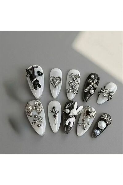 Choice HBTZ-S ١٠ قطع من فن تزيين الأظافر بالأبيض والأسود، مزينة بأرنب وفيونكة...