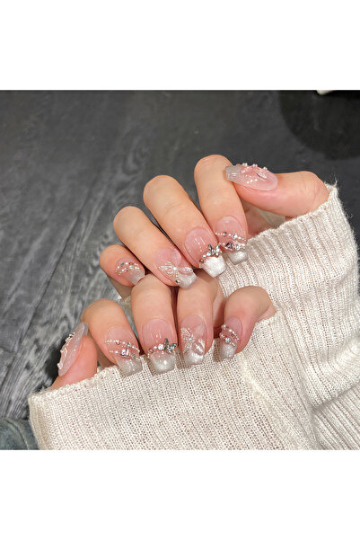 Choice أظافر صناعية لامعة مصنوعة يدويًا، مقاس XS، 10 قطع، بتصميم فراشة وردية،...