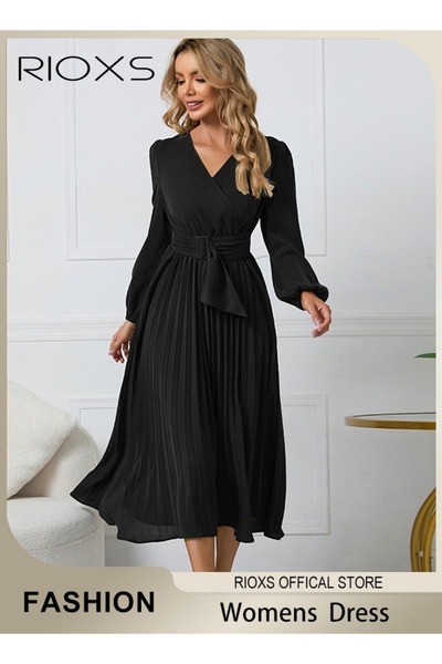 RIOXS فستان ماكسي نسائي بأكمام طويلة وفتحة رقبة على شكل حرف V، فستان لف بخصر ...