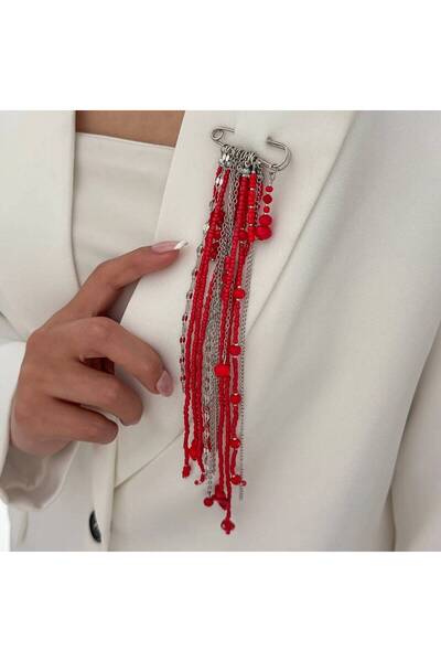 Choice بروش ساليركون أحمر اللون، مزين بشرابة طويلة، مصنوع يدويًا من الخرز، مت...