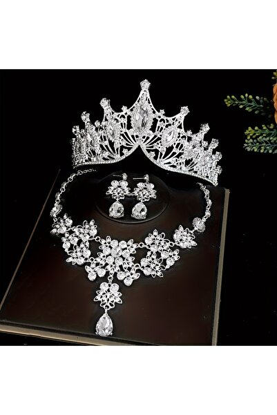 Choice Silver 3Pcs Crystal Crown Necklace Earring Set Rhinestone Bridal Jewel...