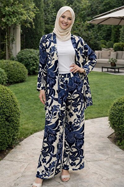 forte bella Patterned Top and Bottom Hijab Kimono Set