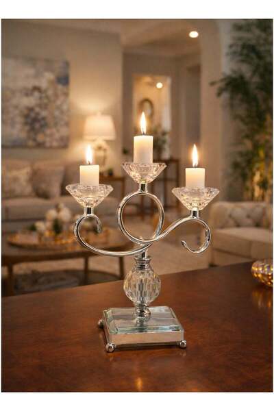 ALQANNAS Silver Crystal Candle Holder with Glass Base | 3-Arm Decorative Cand...