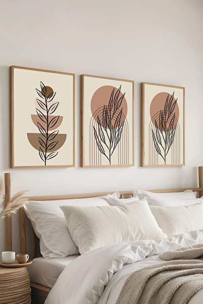 AR AJANS KANVAS TABLO Framed Minimalist Line Art Boho Set of 3 Mdf Framed Pai...