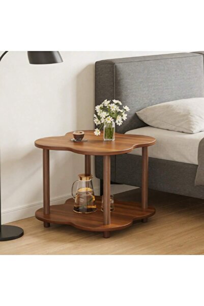 Mtanvxay Four Leaf Clover Double Layer Brown Wooden Sofa Side Table Open Stor...