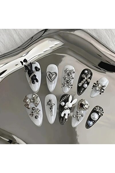 Choice HBTZ-M ١٠ قطع من فن تزيين الأظافر بالأبيض والأسود، بتصميم أرنب وفيونكة...