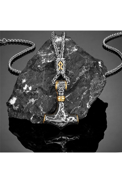 Choice10 60CM Gold Chain 2 Gold Plated Norse Runes Beads Thor's Hammer Neckla...
