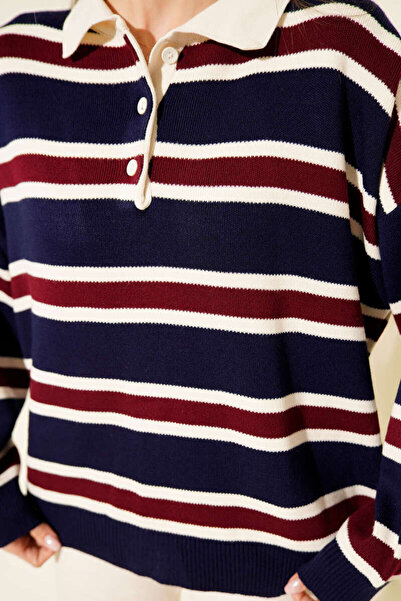 Universe Çizgili Düğmeli Polo Yaka Kazak