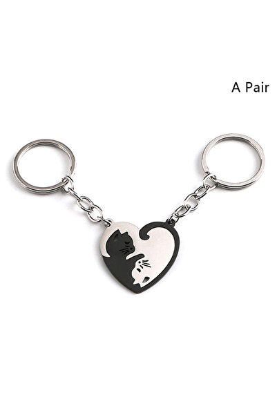 Choice A3 1Pair Cute Black Cat Keychain Patchwork Heart Round Couple Lovers K...