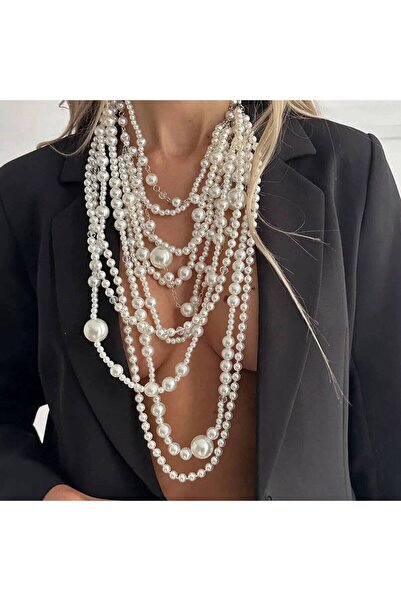 Choice قلادة شوكر من اللؤلؤ الصناعي متعدد الطبقات بتصميم مبالغ فيه، مزينة بشر...