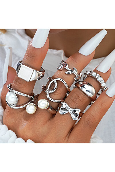 Choice AYA6605101 طقم خواتم أنيقة بتصميم بانك مزينة باللؤلؤ على شكل فيونكة، م...