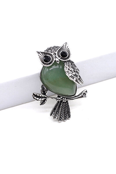 Choice بروش بومة عتيق مطلي بالفضة، مرصع بحجر أفينتورين أخضر 47×35 مم، وأحجار ...