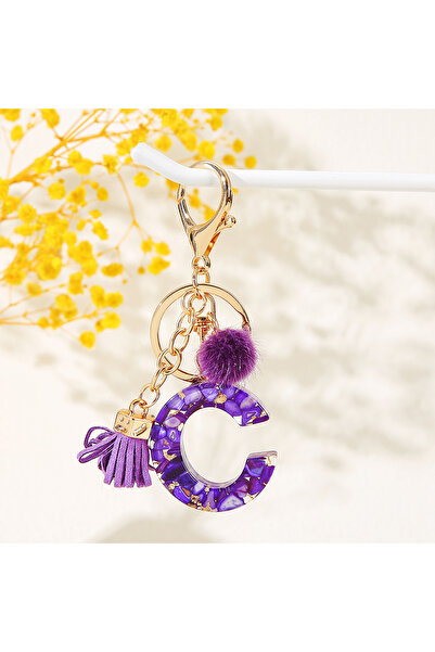 Choice C Cute Purple Initial Letter Keychains Small fur ball with tassel keyc...