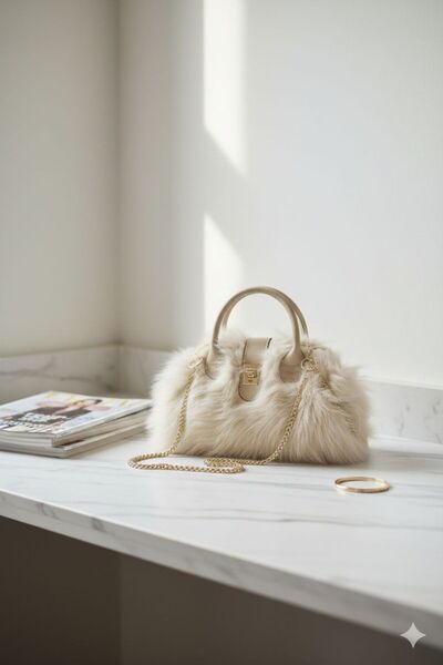 emelimin Kadın Krem Peluş Zincir Çapraz Askılı Omuz ve El Çantası