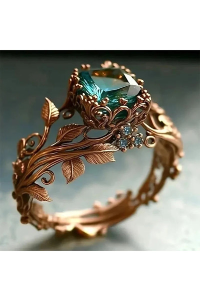 Choice خاتم نسائي بتصميم ورقة شجر ذهبي اللون، مرصع بحجر زركونيا مكعب أخضر مرب...