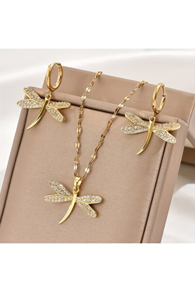 Choice طقم أقراط وقلادة بتصميم اليعسوب من النحاس بلون ذهبي أنيق YB6088-1، مرص...