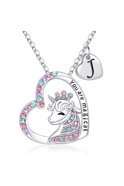 Choice قلادة يونيكورن بحرف J، قلادة حصان ساحرة، هدية مثالية لأعياد ميلاد الفتيات